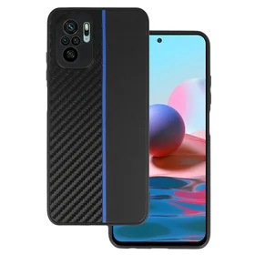 Tel Protect CARBON dėklas telefonui Xiaomi Redmi Note 10/Note 10S/Poco M5S juodas su mėlyna juostele