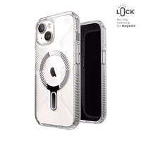 Speck Presidio Perfect-Clear Grip ClickLock & MagSafe - iPhone 17e / 16e / 15 / 14 / 13 dėklas (Clear / Chrome Finish / Serene sidabrinis)