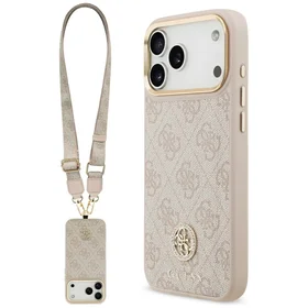 Guess 4G Strass Logo & Big Strap Metal Buttons Magnetinis dėklas telefonui iPhone 17 Pro Max - rožinė