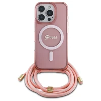 Guess Crossbody Cord Script Magnetinis dėklas iPhone 16 Pro - rožinis