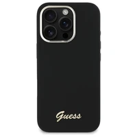 "Guess" silikoninis korpusas su metaliniu logotipu ir rėmeliu, skirtas "iPhone 16 Pro" - juodas