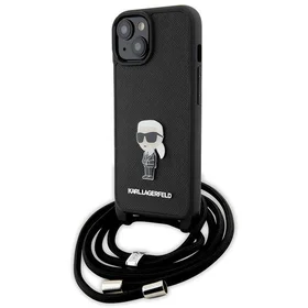 Karl Lagerfeld kryžminis Saffiano monograma metalinis ženkliukas Karl & Choupette dėklas telefonui iPhone 15 - juodas