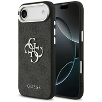 GUESS dėklas telefonui IPHONE 17 Air GUHCP17MP4G4SMCK (4G PU odos dėklas su dideliu 4G ir klasikiniu logotipu bei sidabriniu metaliniu kameros rėmeliu) juodas