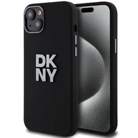 DKNY skystojo silikono metalinio logotipo dėklas telefonui iPhone 15 Plus / 14 Plus - juodas
