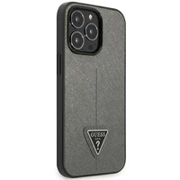 Guess GUHCP14XPSATLG iPhone 14 Pro Max 6.7" sidabrinis kietasis dėklas Saffiano Triangle Logo