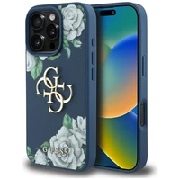 Guess Grained Roses Big 4G logo dėklas telefonui iPhone 16 Pro - mėlynas