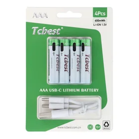 TCBEST įkraunama baterija R3 (AAA) 400 mAh su lizdu Type C + kabelis USB A į 4 x Type C 4 vnt.