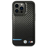 Dėklas BMW BMHCP14L22NBCK iPhone 14 Pro 6.1 - juodas odinis dėklas su anglies odos efektu