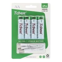 TCBEST įkraunama baterija R6 (AA) 1600 mAh su lizdu Type C + kabelis USB A į 4 x Type C 4 vnt.