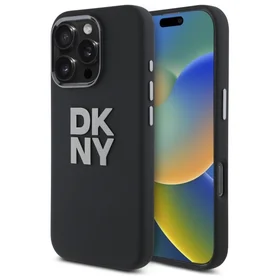 DKNY skystos silikoninės medžiagos dėklas telefonui su metaliniu logotipu iPhone 16 Pro - juodas