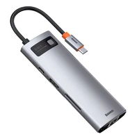 Baseus Metal Gleam 8in1 USB-C Hub - USB-C PD 100W 1x HDMI 4K 30Hz 1x SD ir microSD kortelių skaitytuvas 3x USB-A 3.2 1xRJ45 - pilkas