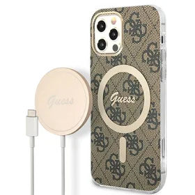 Rinkinys Guess GUBPP12MH4EACSW dėklas + įkroviklis iPhone 12/12 Pro rudas kietas dėklas su 4G raštu Magnetinis
