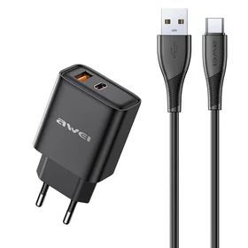 Įkroviklis Awei PD81T-EU 22.5W USB-A/USB-C + USB-A to USB-C cable 1.0m juodas