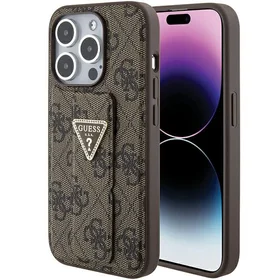 Guess Grip Stand 4G Triangle Strass dėklas telefonui iPhone 15 Pro - rudas