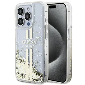 Guess Liquid Glitter Gold Stripes dėklas telefonui iPhone 15 Pro - skaidrus