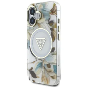 Guess Glitter Flowers Triangle Buttons Magnetinis dėklas telefonui iPhone 16 - baltas