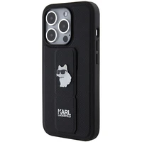 Karl Lagerfeld Gripstand Saffiano Choupette Pins dėklas telefonui iPhone 14 Pro Max - juodas