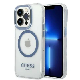 Guess Metalinis kontūras Magnetinis dėklas telefonui iPhone 14 Pro - mėlynas