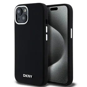 DKNY Skystas silikoninis dėklas MagSafe iPhone 15 Plus / 14 Plus su metaliniu logotipu - juodas (m)