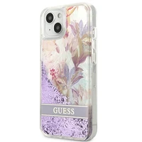 Guess GUHCP13SLFLSU iPhone 13 mini 5.4" violetinis kietas dėklas gėlių skystas blizgučiai