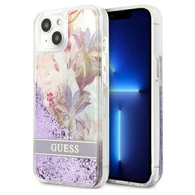 Guess GUHCP13SLFLSU iPhone 13 mini 5.4" violetinis kietas dėklas gėlių skystas blizgučiai