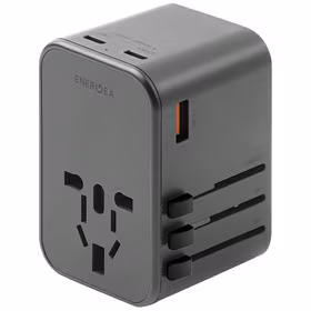 ENERGEA tinklo įkroviklis 1xUSB+2xUSB-CPD-PPS-QC 3.0 65W 1A2C adapter 4w1 US/UA/EU/UK pilkas/gunmetal Travelworld Adapter GaN65W