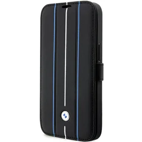 BMW dėklas BMBKP14L22RVSK iPhone 14 Pro 6.1" juodas/juodas knyginis odinis antspaudas mėlynos linijos
