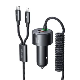 Mcdodo CC-0370 automobilinis įkroviklis, USB-C, Lightning, 120W, su įtraukiamais kabeliais