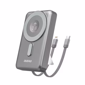 Dudao K29 10000mAh PD 20W Magnetinė išorinė baterija su metaliniu dėklu, stovu ir įmontuotais USB-C/Lightning kabeliais - pilka