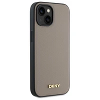 DKNY Grained Metal Logo Magnetinis iPhone 15 dėklas - smėlio spalvos