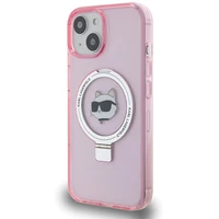 Karl Lagerfeld KLHMP15SHMRSCHP iPhone 15 6.1" rožinė/rožinė kietas dėklas su žiediniu stovu Choupette Head Magnetinis