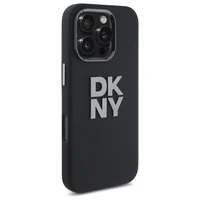 DKNY skystos silikoninės medžiagos dėklas telefonui su metaliniu logotipu iPhone 16 Pro - juodas
