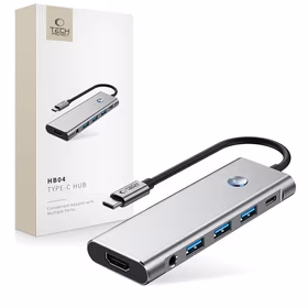 Tech-Protect HB04 HUB adapteris 9in1 USB-C + USB2.0 + USB3.0 + HDMI 4K 60Hz + SD / TF + PD100W + AV3.5 - pilkas