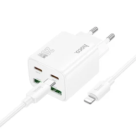 Įkroviklis telefonui Hoco 2 x USB C + 2 x USB A QC3.0 PD 3A 20W + kabelis USB C į Lightning N55 balta