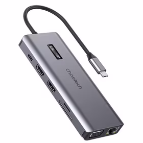 Choetech daugiafunkcis HUB su ekranu 12in1 USB-C į USB-C / USB-A / HDMI / VGA / AUX / SD / TF pilkas (HUB-M26)