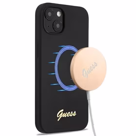 Guess GUHMP13MLSLMGBK dėklas telefonui iPhone 13 6.1" juodas kietas silikoninis su auksiniu logotipu MagSafe
