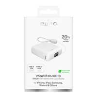 Puro 10000mAh 20W USB-C USB-A išorinė baterija su ekranu ir įmontuotu USB-C kabeliu – balta