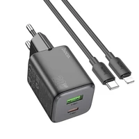 Įkroviklis Hoco USB A + USB C QC PD 3A 20W + kabelis USB C į Lightning N41 juodas