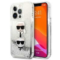 Karl Lagerfeld Skystas Glitter Karl&Choupette Galvos dėklas iPhone 13 Pro Max - sidabrinis