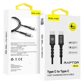 Blavec kabelis Raptor pintas - Type C į Type C - PD 60W 3A 1 metras Apple CarPlay/Android Auto (CRA-CC3BG10) juodas-pilkas