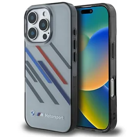 BMW Motosport IML atsitiktinės juostos iPhone 16 Pro Max dėklas - pilkas