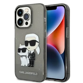 Karl Lagerfeld Blizgučiai Karl&Choupette dėklas telefonui iPhone 14 Pro - juodas