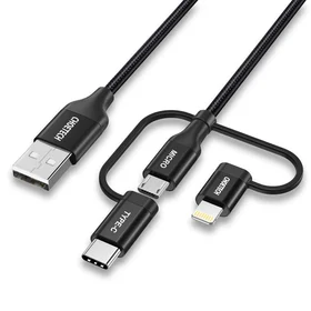 Choetech 3in1 MFI kabelis USB - USB Type C / micro USB / Lightning (įkrovimas 3A / duomenų perdavimas 480 Mbps) 1.2 m, juodas (IP0030-BK)