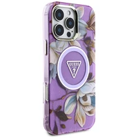 Guess blizgančių gėlių trikampių mygtukų MagSafe dėklas iPhone 16 Pro - violetinis