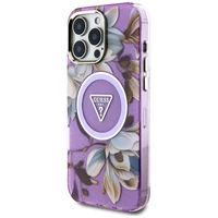 Guess blizgančių gėlių trikampių mygtukų MagSafe dėklas iPhone 16 Pro - violetinis