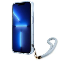 Guess GUHCP13SHTSGSB iPhone 13 mini 5.4 dėklas telefonui, mėlynas, kietas, pusiau permatomas su dirželiu