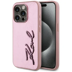 Karl Lagerfeld Wrinkled Metal Signature dėklas telefonui iPhone 15 Pro - rožinė