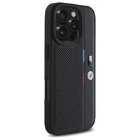 BMW M perforuota trispalvė linija iPhone 16 Pro Max dėklas - juodas