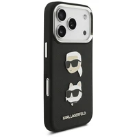 Karl Lagerfeld FW Grūdintas Karl & Choupette galvos ženkliukai ir logotipas iPhone 17 Pro dėklas - juodas