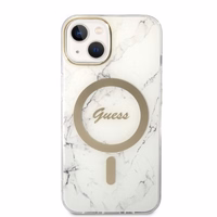 Rinkinys Guess GUBPP14MHMEACSH dėklas + įkroviklis iPhone 14 Plus 6.7" baltas/baltas kietas dėklas Marble Magnetinis